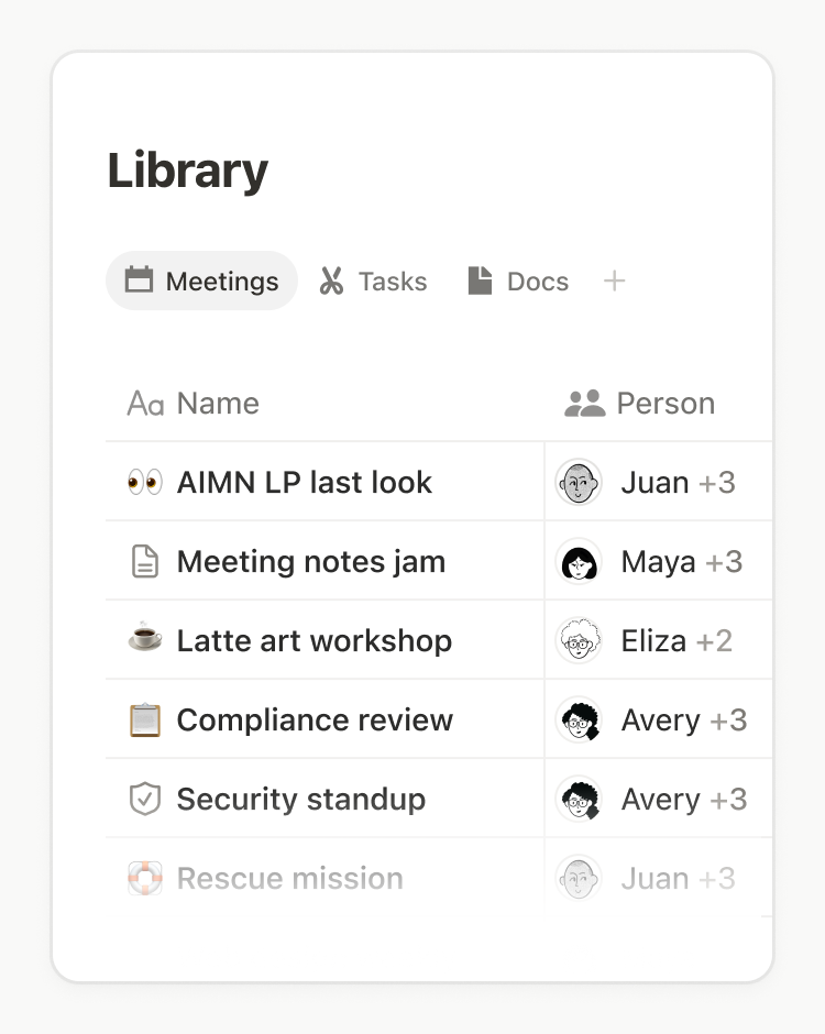 Official Notion Library database view with Meetings, Tasks and Docs tabs and rows such as AIMN LP last look, Meeting notes jam and Compliance review with owner avatars