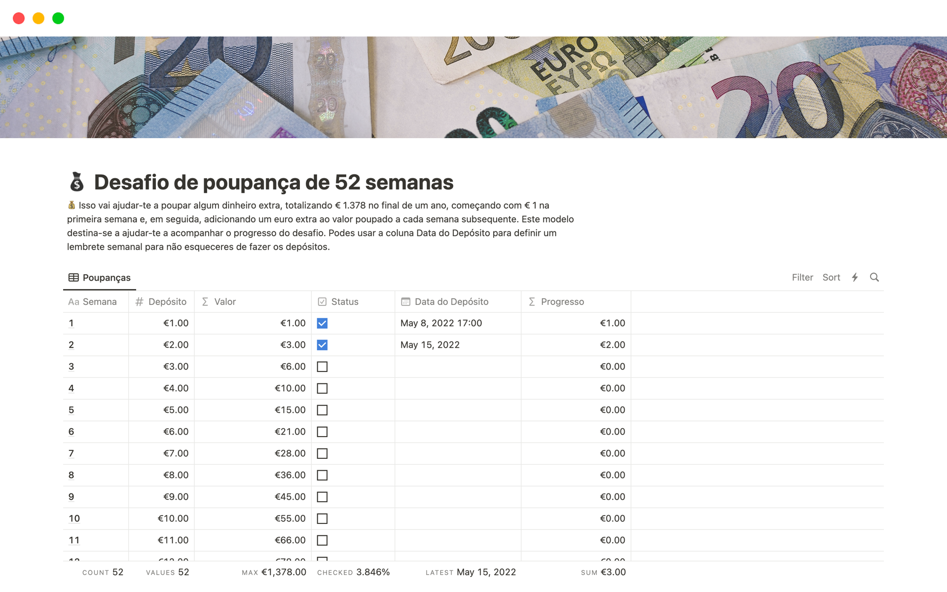 Desafio de poupança de 52 semanas