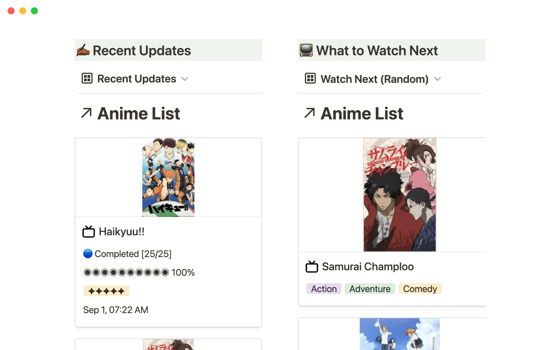 Finally got around to creating an Anime Tracker page based on My Anime List  (simplified version)! Figured I may as well because I use Notion regularly,  and MAL once a month maybe. :