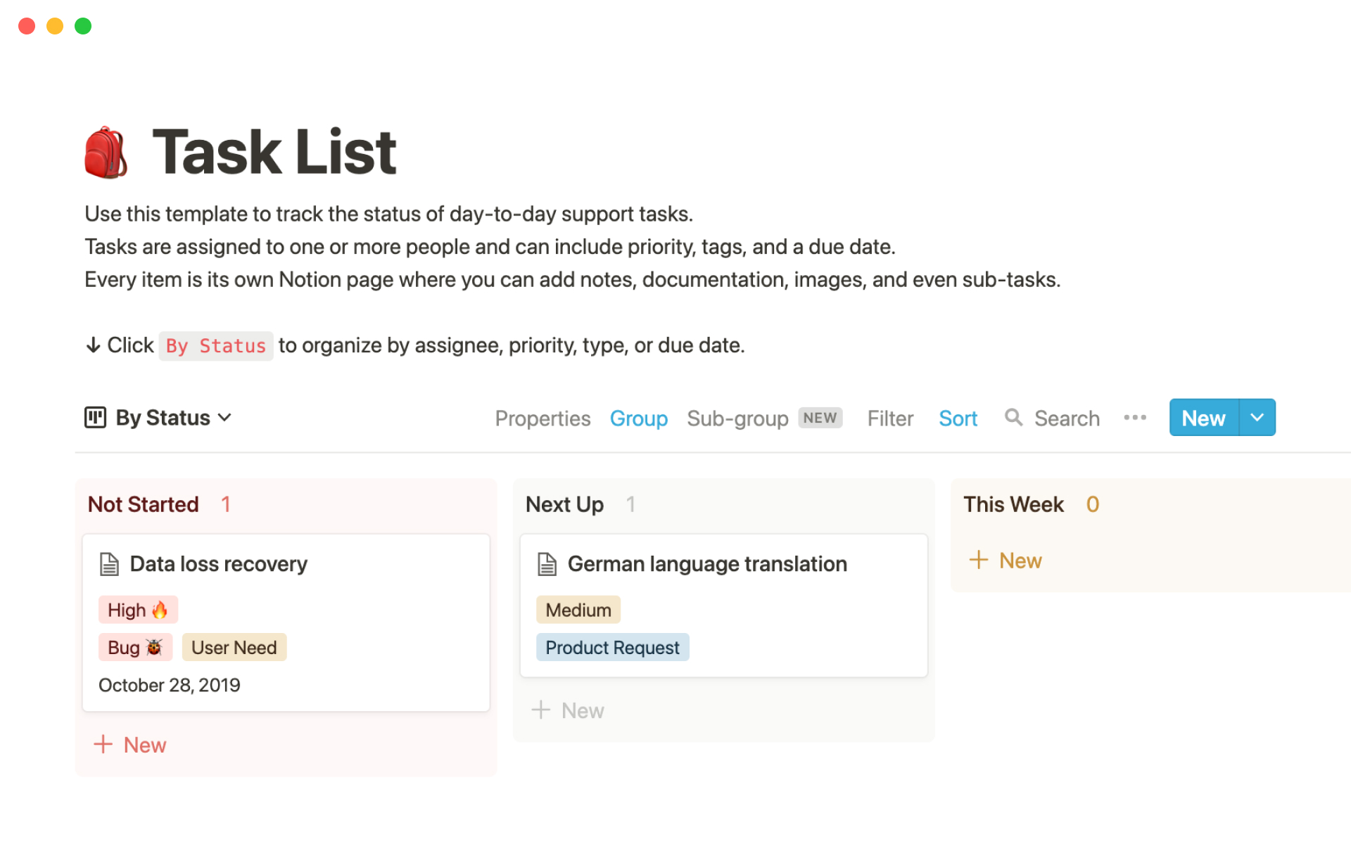 Notion Template Gallery Support Task List