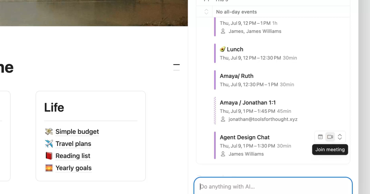 Notion Agent calendar tools interface