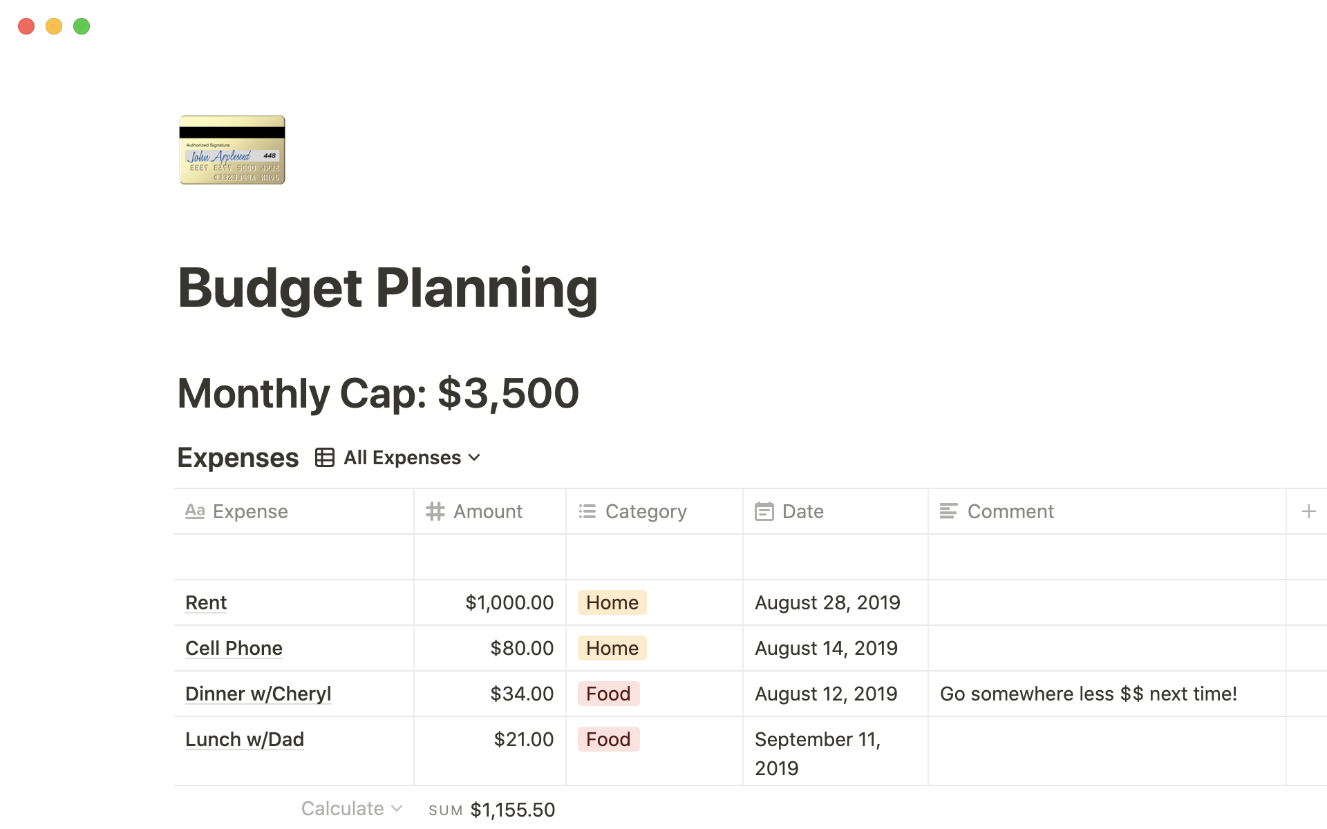 Notion Template Gallery Budget planning
