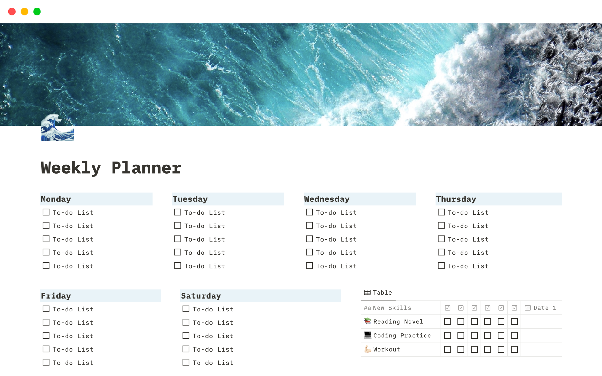 Ocean Waves Weekly Planner with Progress Monitor