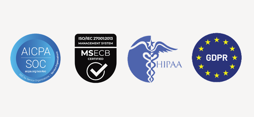 Official Notion security badges: AICPA SOC, ISO/IEC 27001 MSECB certified, HIPAA caduceus and GDPR stars