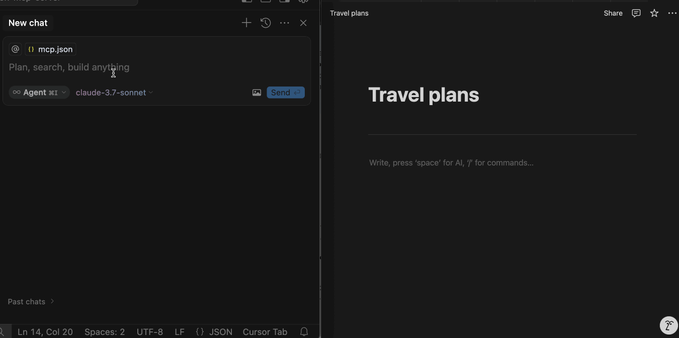 GIF (taken from the notion-mcp-server README file) of using Cursor AI chat to create a page in Notion using the open-source MCP server.
