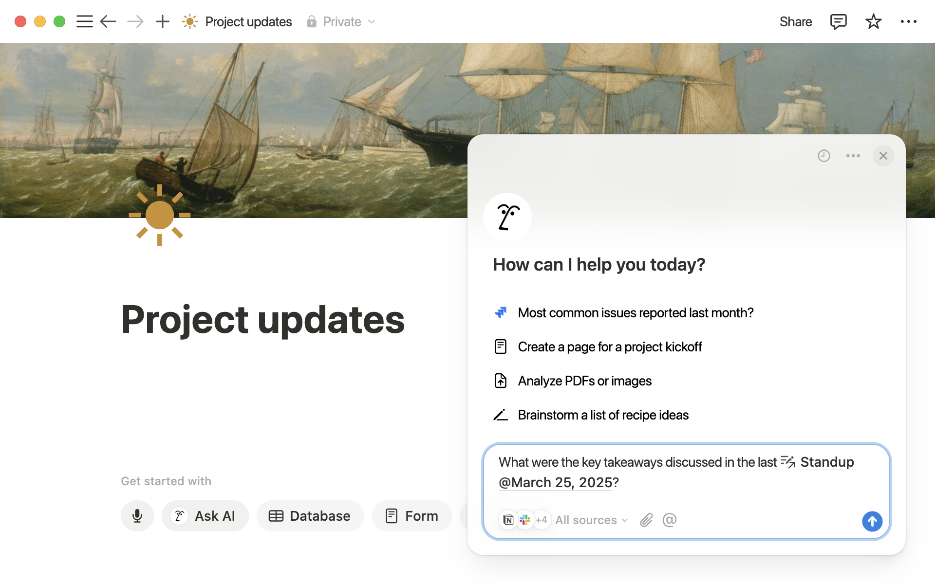 Notion AI assistant alongside a project updates page in the Notion workspace - Primingo
