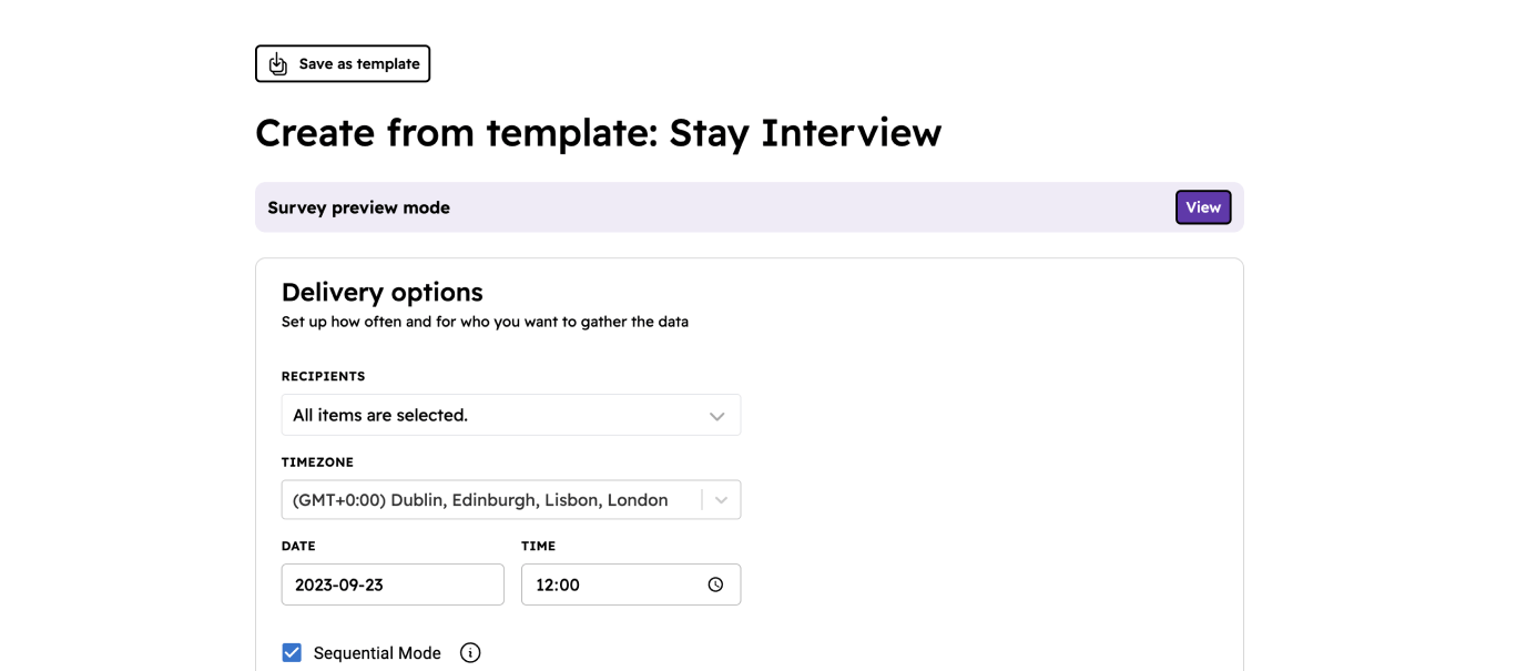 Set questionnaire delivery settings. Press Create and wait for results