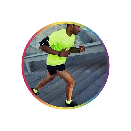 Athletic man running up stairs