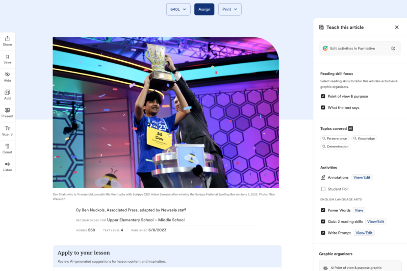 Newsela integrates with Google Classroom, Clever, Schoology, BetterLesson, Pear Deck, NBC Learn, College Board, Microsoft, IMS Global, Canvas, ClassLink and nearpod.