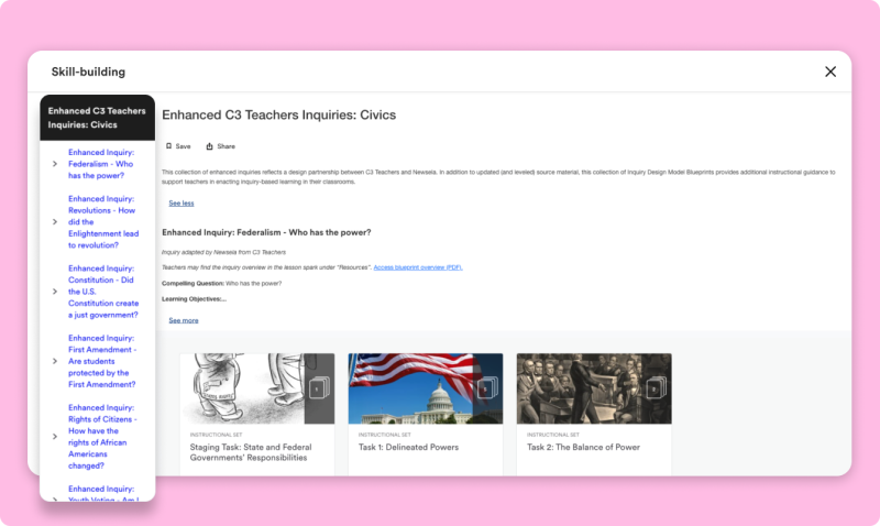 Practice digital citizenship, media literacy skills, and C3 inquiry skills with curated text sets. Write prompts and comprehension quizzes on every text help students practice a variety of skills.