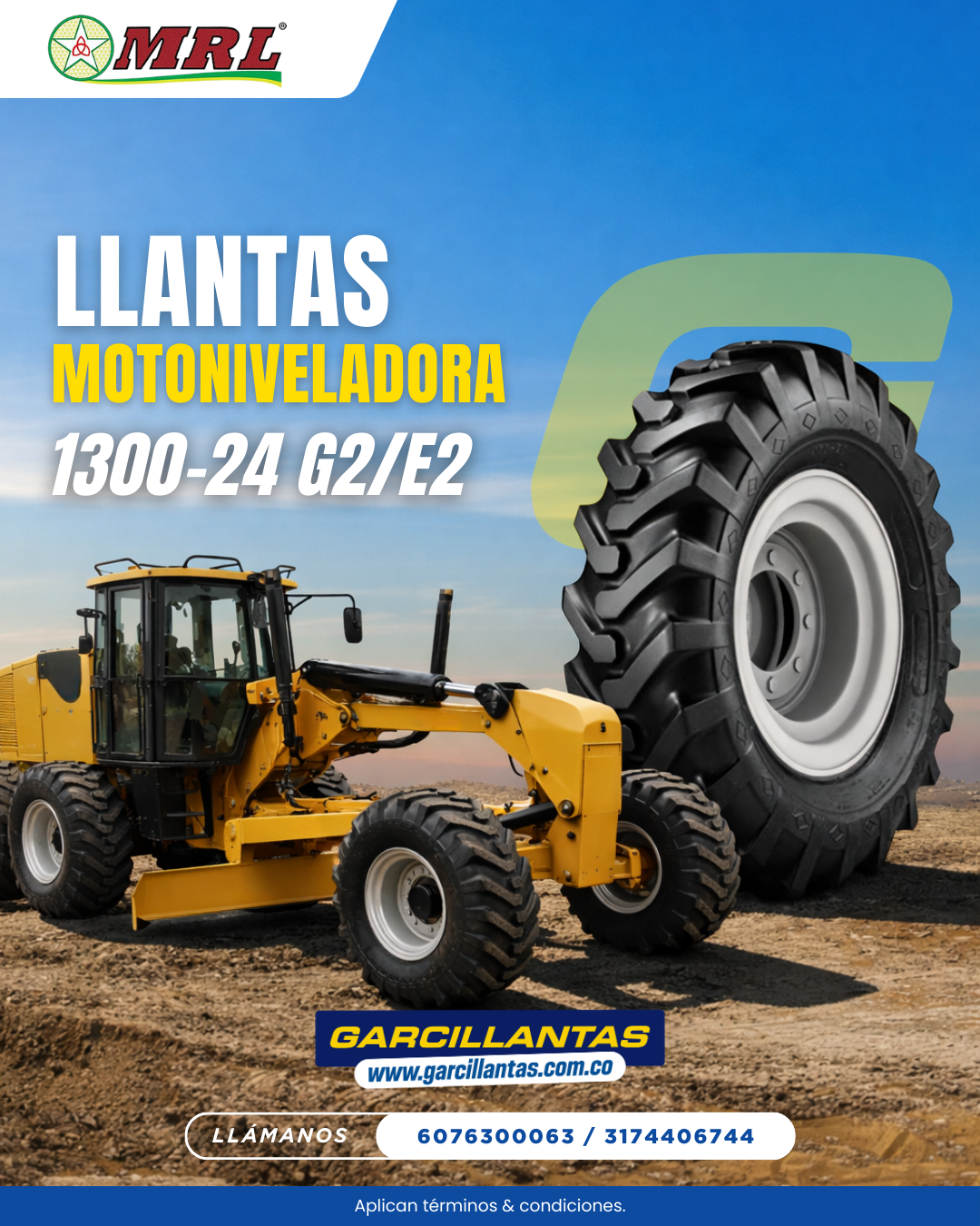 Llantas 13.00-24 G2/E2 para Motoniveladora en Bucaramanga | Máxima Estabilidad y Rendimiento en Obra