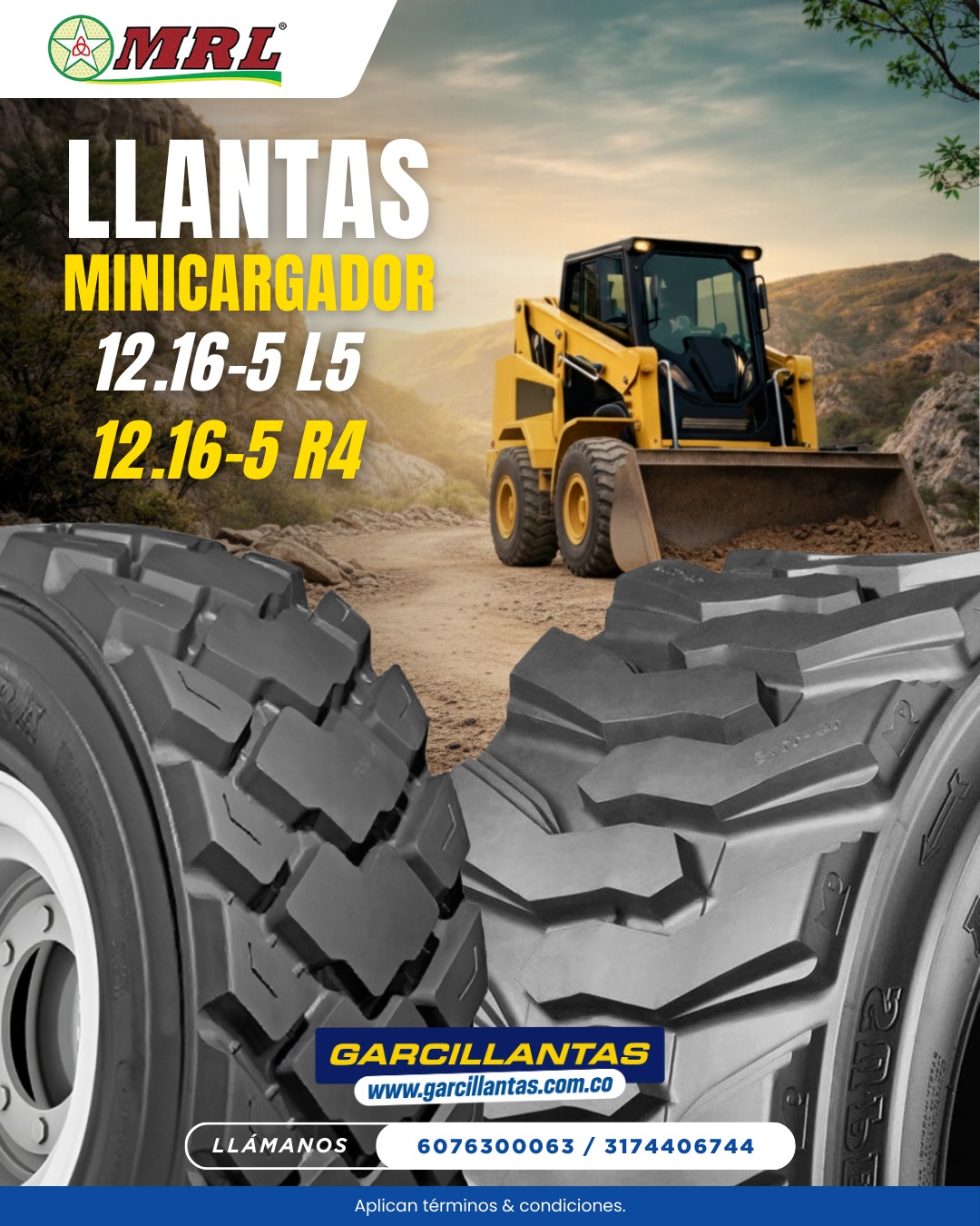 Llantas 12-16.5 L5 y R4 para Minicargador en Bucaramanga | Máxima Resistencia y Tracción
