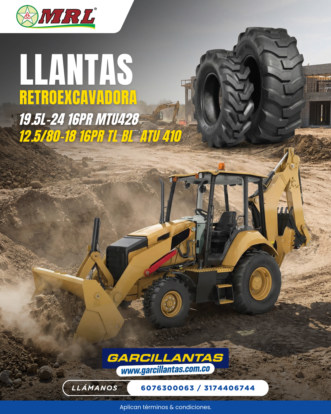 Llantas para Retroexcavadora en Bucaramanga marca MRL | Máxima Tracción y Durabilidad 