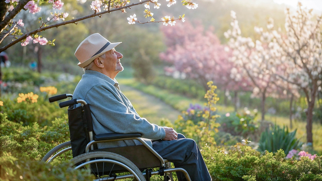 Senior sizt in Rollstuhl und genießt die aufgehende Sonne.