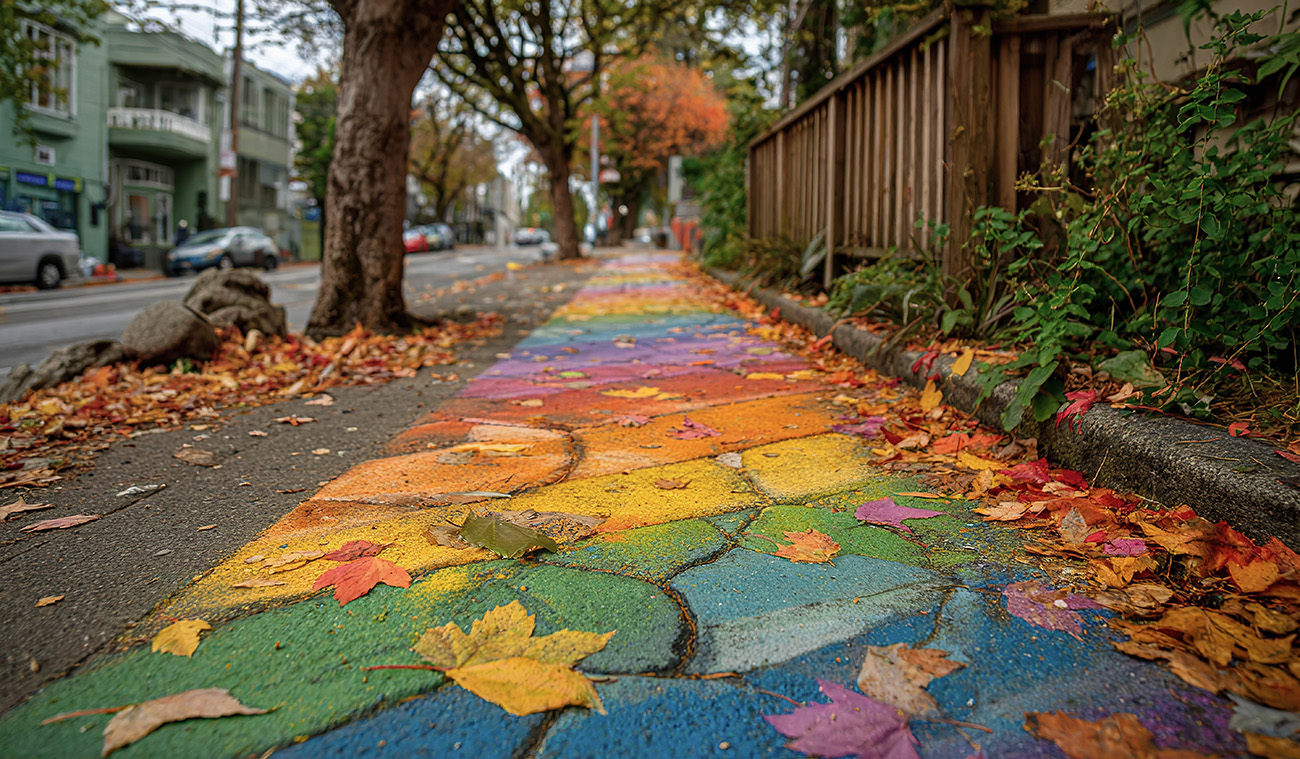 Ein Gehweg der bunt angemalt ist