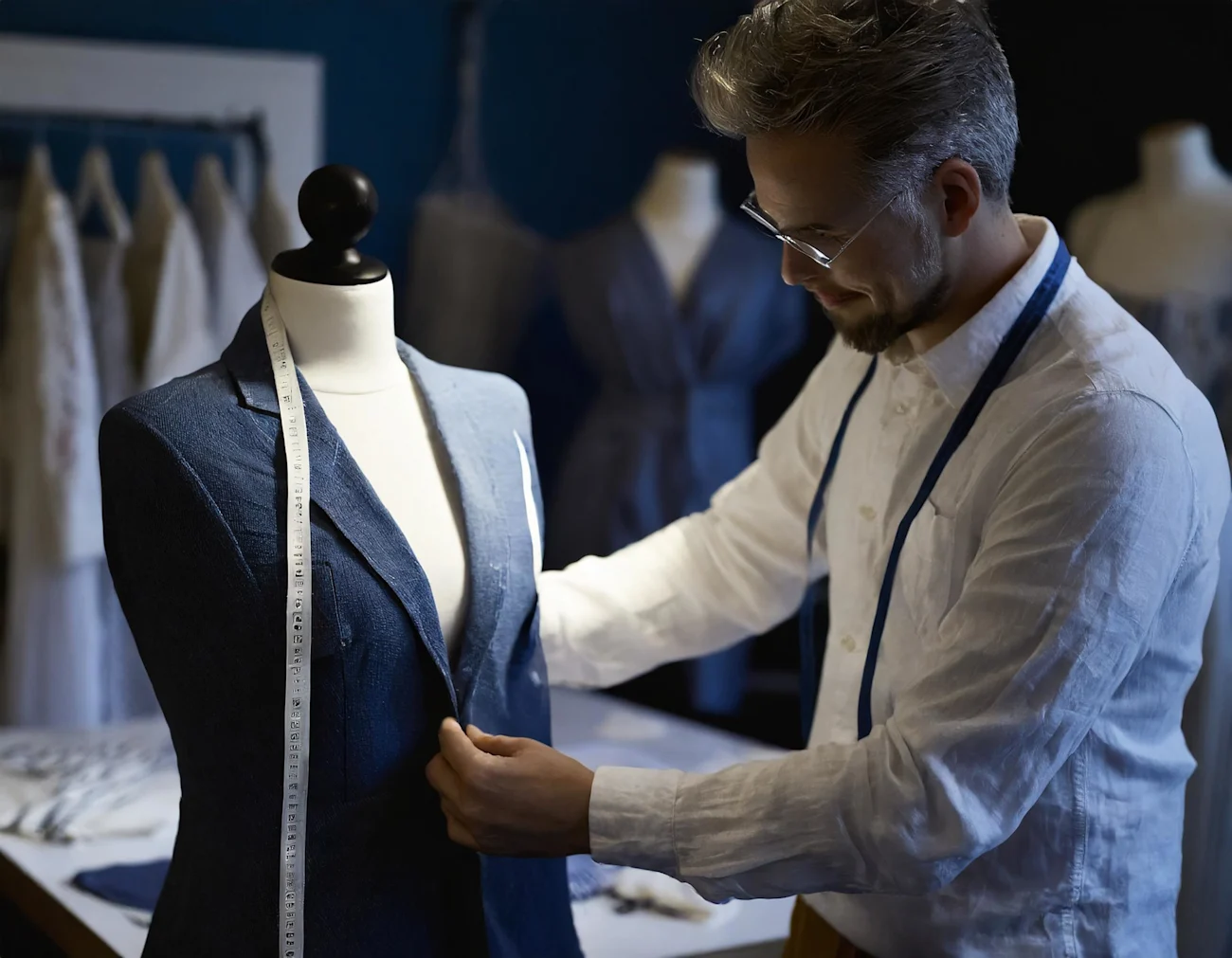 tøjdesigner tilpasser tøj på model, systue, close-up, dusty dark blue shades 44311