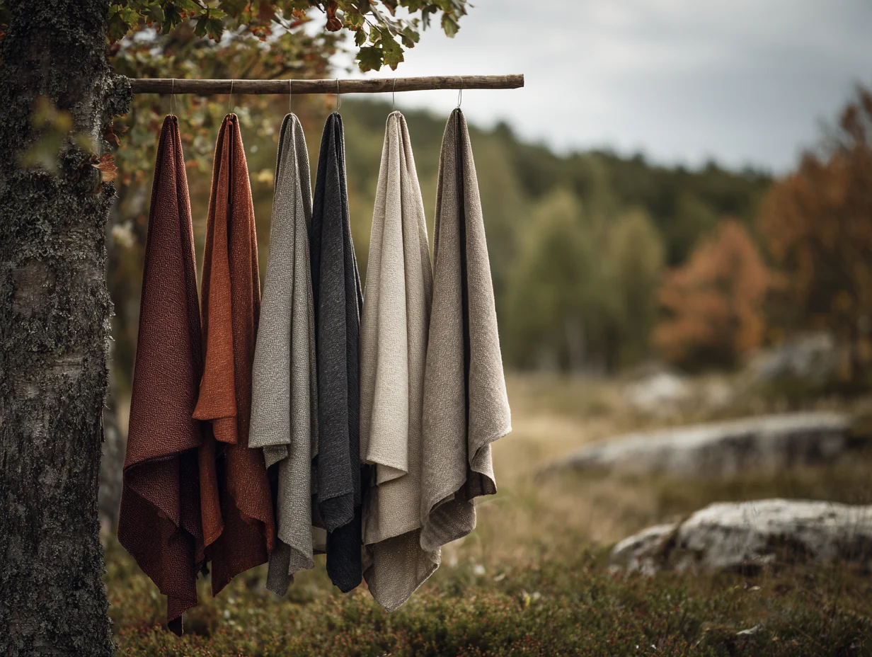 draped textiles hanging on a rack in scandinavian forrest