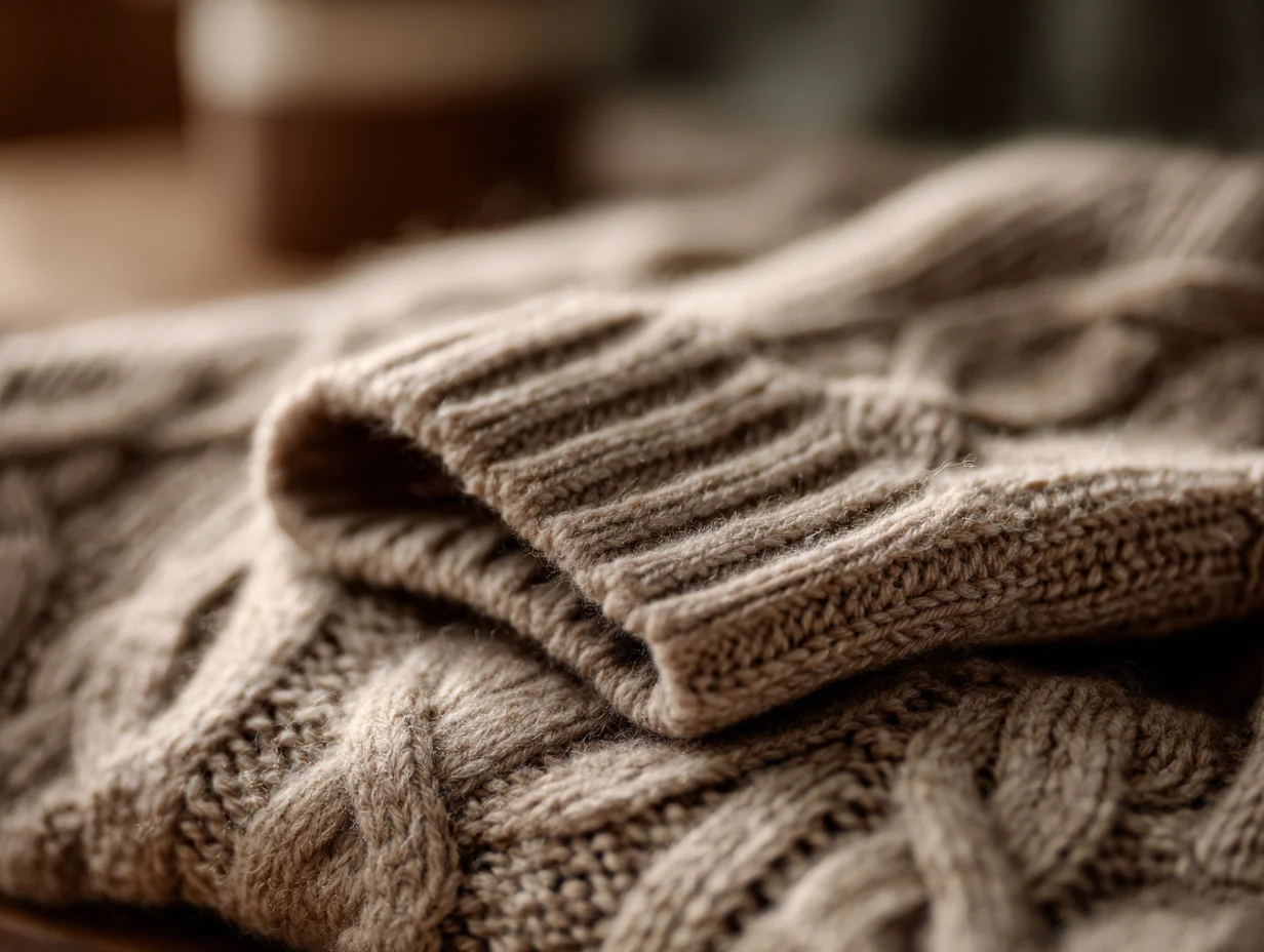 close-up of a knitted wool sweater cable brown 