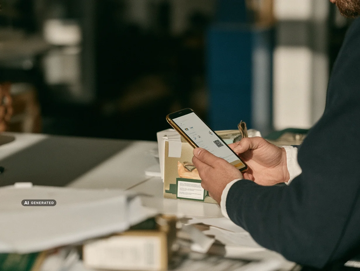 qr kode digitalt prdoduktpas smartphone skrivebord produktino dmogt ai generated