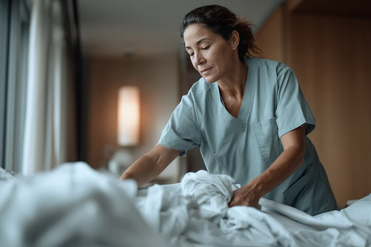  healthcare worker wearing clean medical scrubs