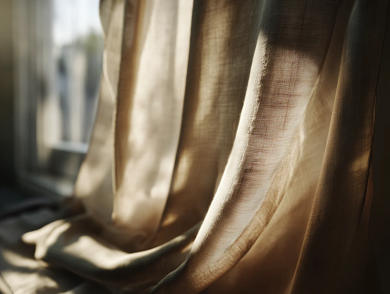 oft minimal close-up of sheer linen curtain golden beige