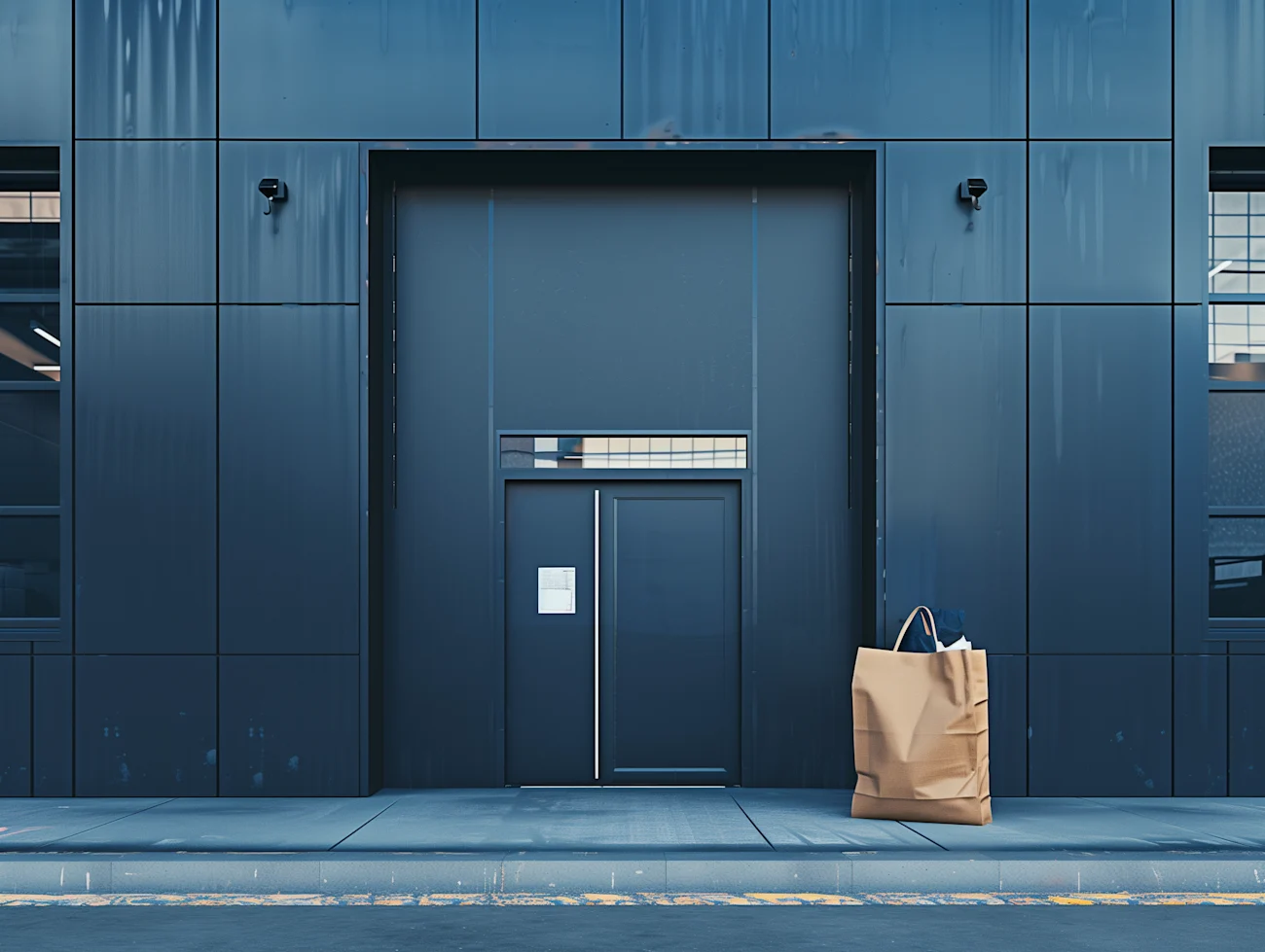 quality paperbag with clothes outside main door of mod d5a340fe-96dc-4767-91ba-c54b7a6c5fdb