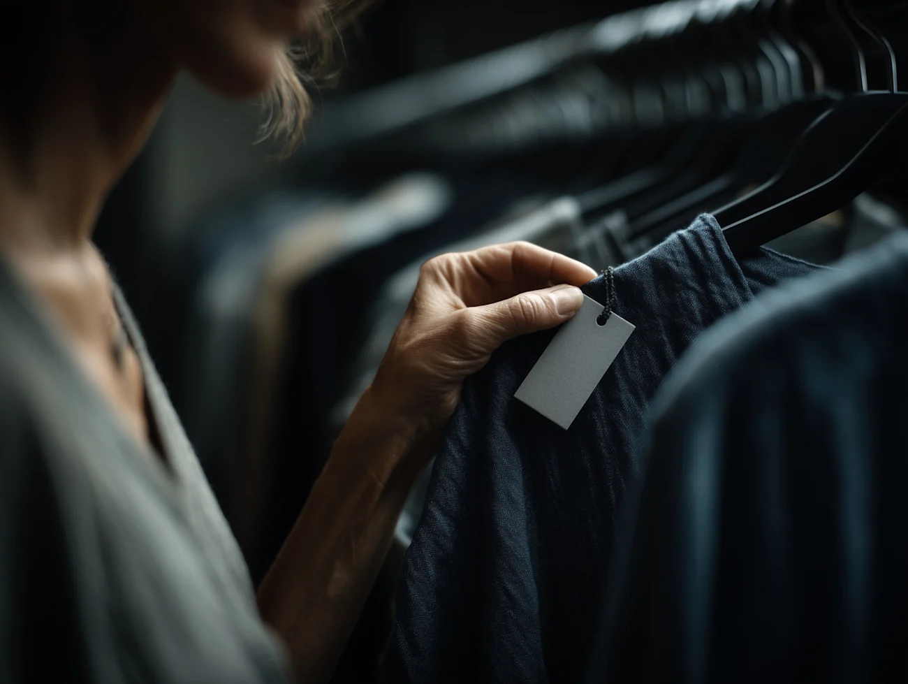 close-up of af womans hand holding a clothing hangtag 2000x1506