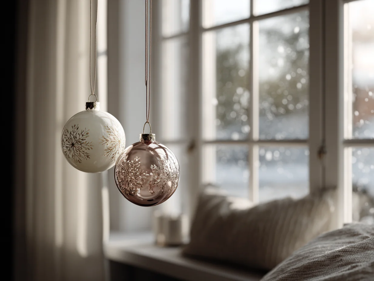 two elegant Christmas ornaments hanging in window