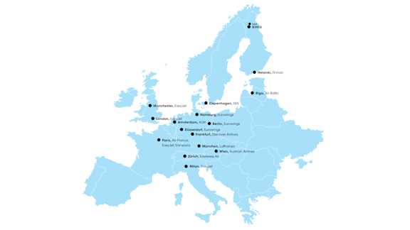 Lennot Euroopasta kartta