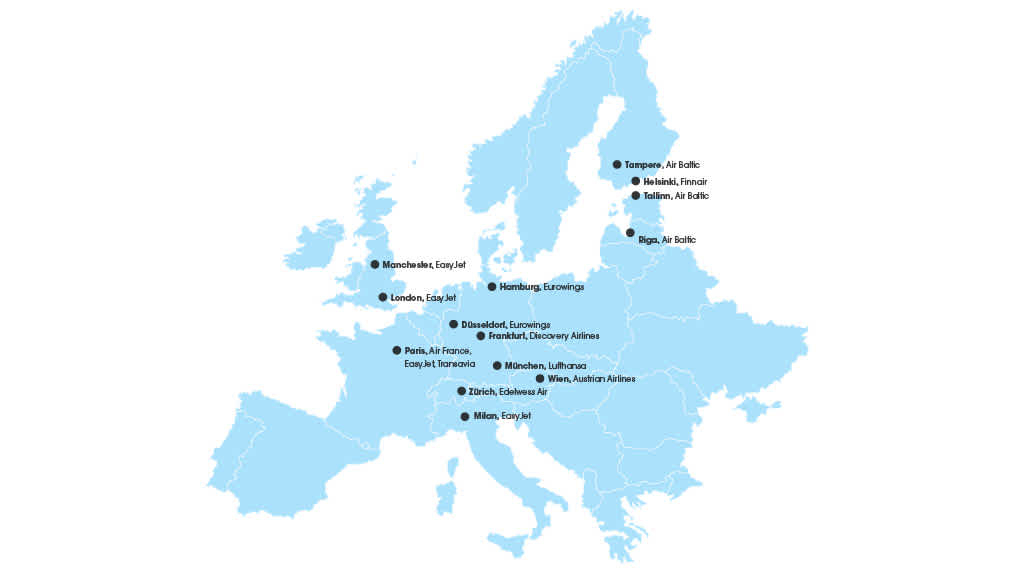 Lennot Euroopasta kartta