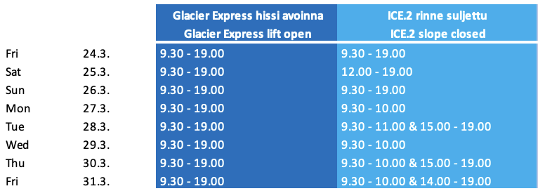 ICE.2 slope opening hours during Interski2023 event