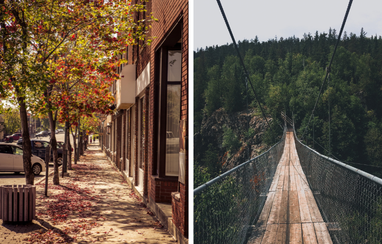 Hängebrücke und Herbst in Aiguebelle National Park, Kanada