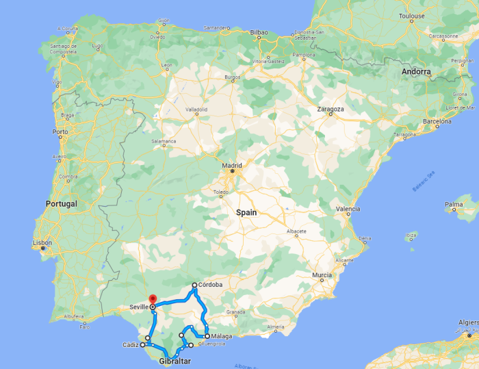 Mapa de la ruta en autocaravana - Inicio en Sevilla