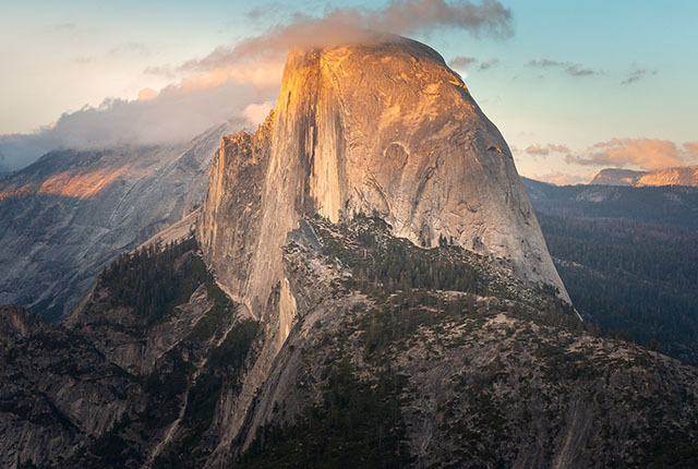 Half Dome mountain peak at sunset in Yosemite National Park