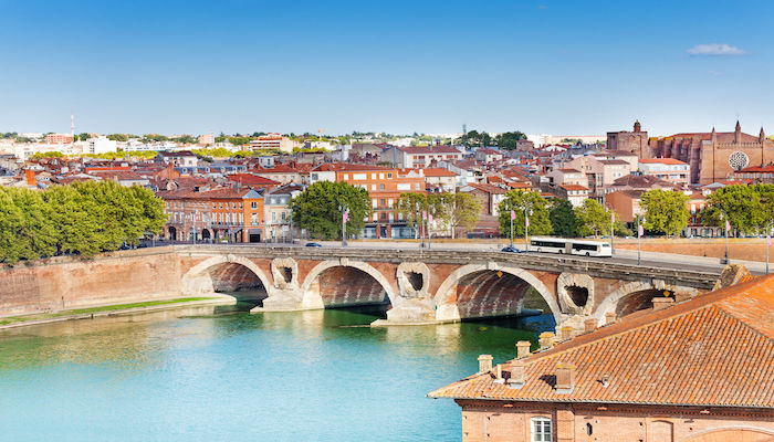 Panorama of Toulouse with Pont Neuf bridge across Garonne river, France