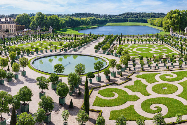 L'Orangerie garden and pond in Versailles palace in Paris, France