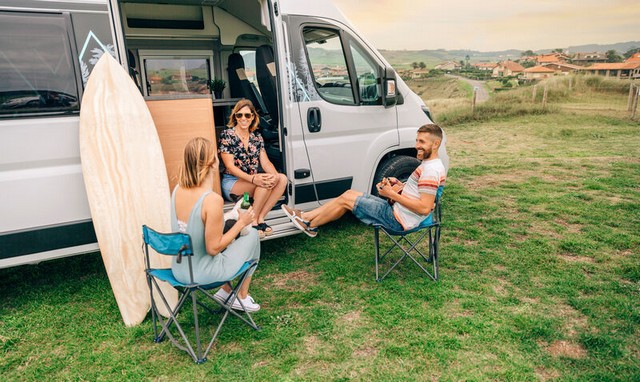 Eine junge Reisegruppe macht Fotos vor ihrem Wohnmobil – einem Kastenwagen