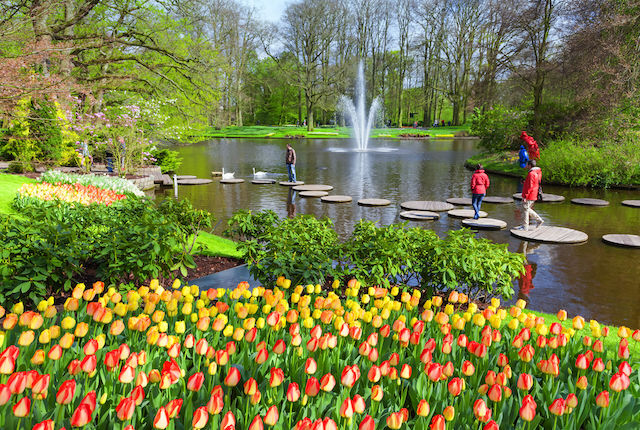 Paisaje con lago en el parque primaveral de Keukenhof, Países Bajos