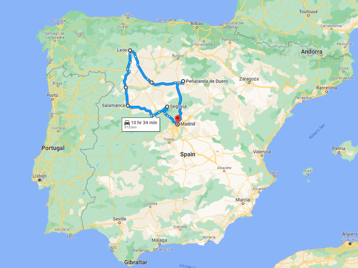 Mapa de la ruta en autocaravana - Inicio en Madrid