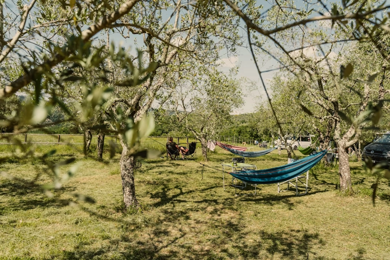 Hängematten und Camper zwischen Olivenbäumen in der Toskana