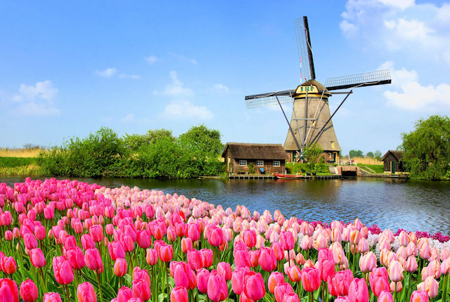 Traditionele Nederlandse molen Kinderdijk langs een kanaal op de voorgrond, Nederland