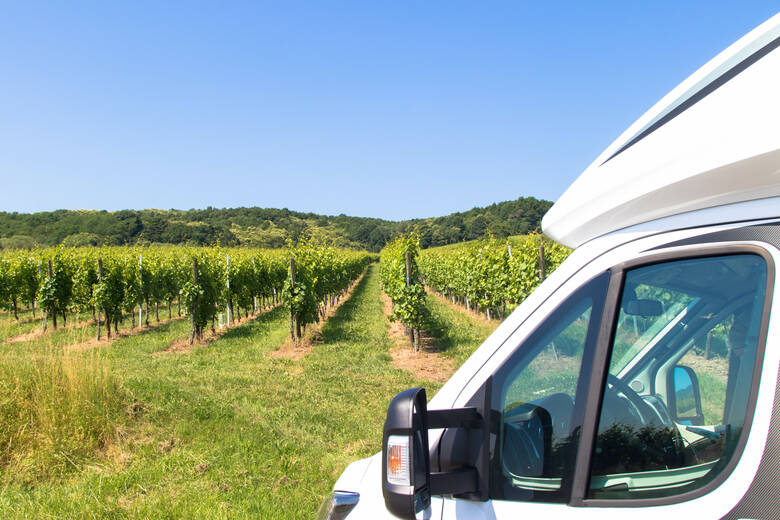 Wohnmobil campt auf einem Weingut 