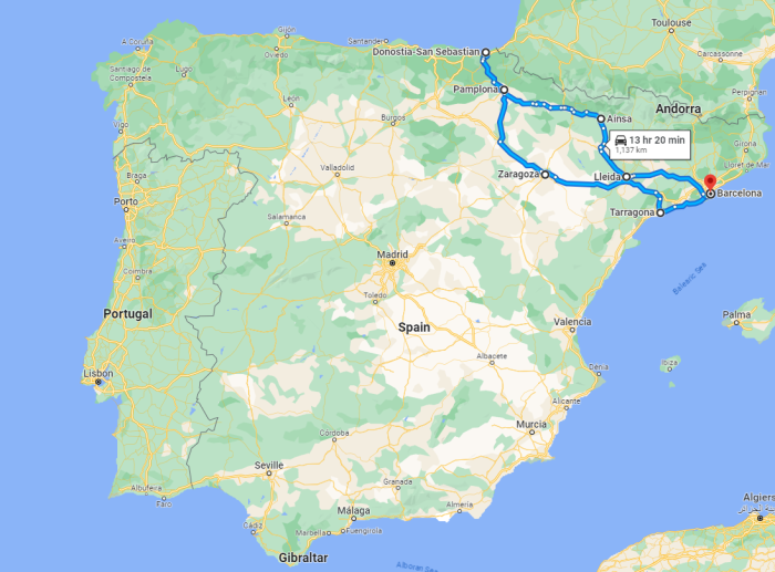 Mapa de la ruta en autocaravana - Inicio en Barcelona