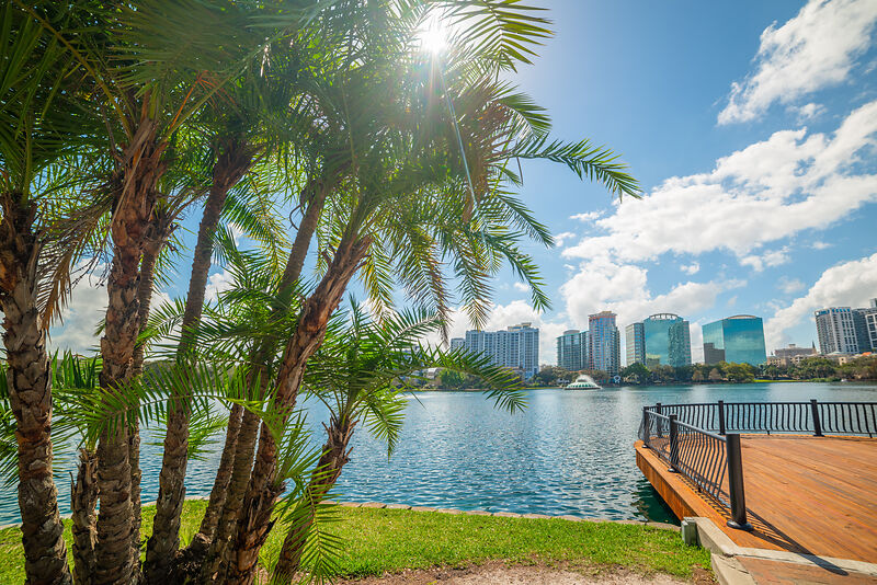 Sun shining over Lake Eola park in Orlando