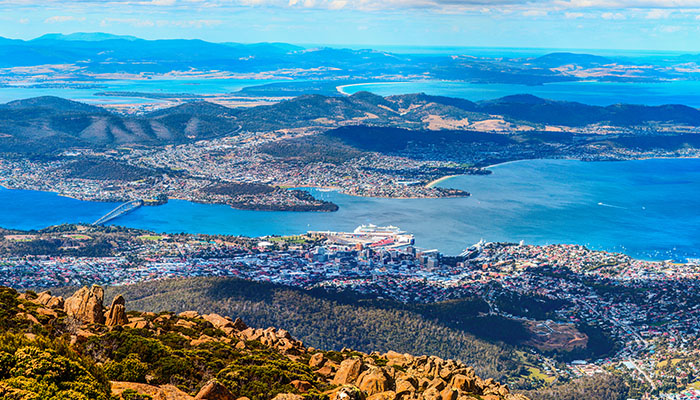 View of Hobart City from the Mount Wellington peak. Tasmanian Island, Australia.