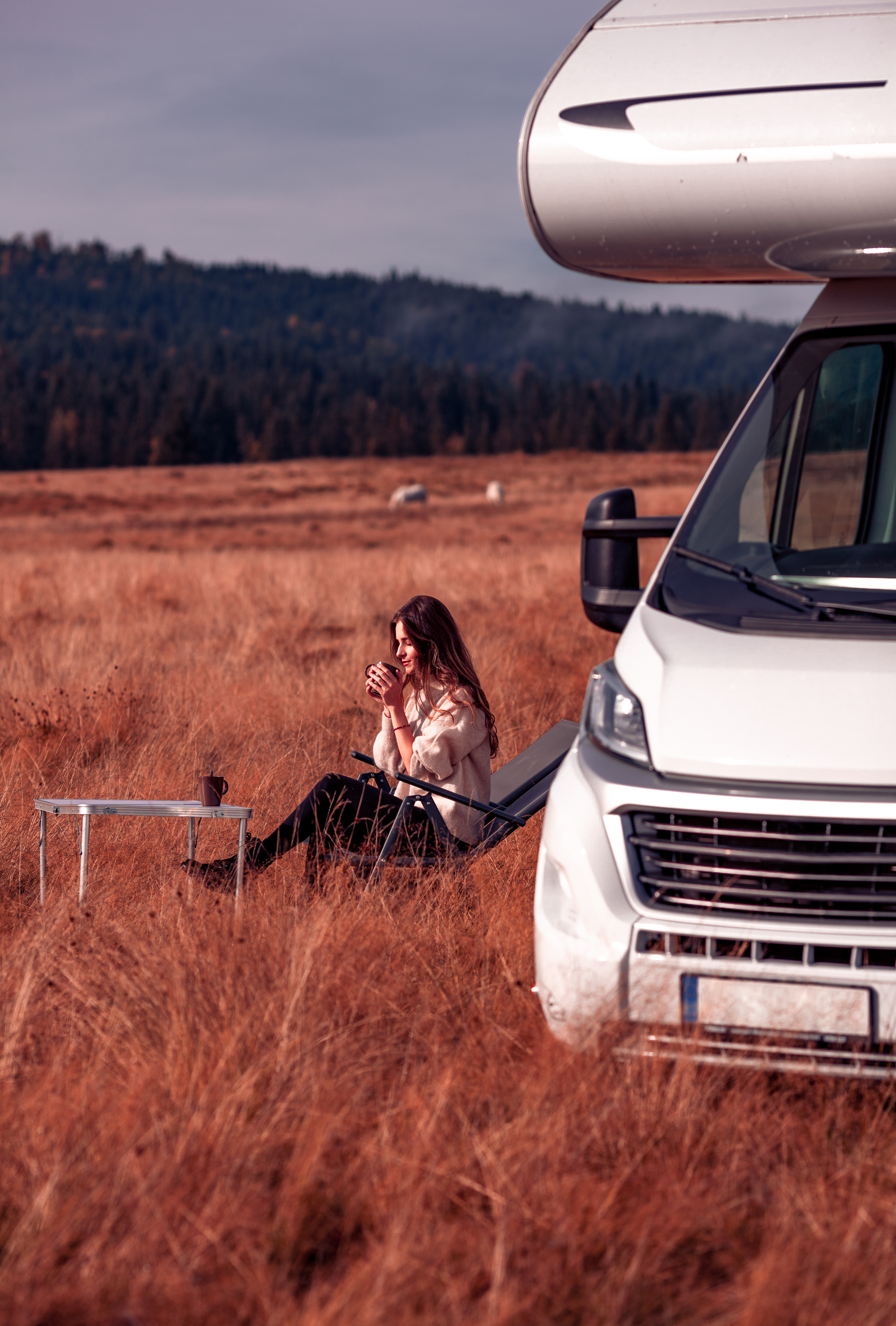Frau sitzt vor Wohnmobil in Rumänien