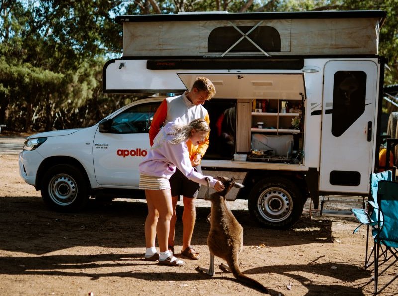 Paar mit Allrad-Camper begegnet einem Känguru in Australien