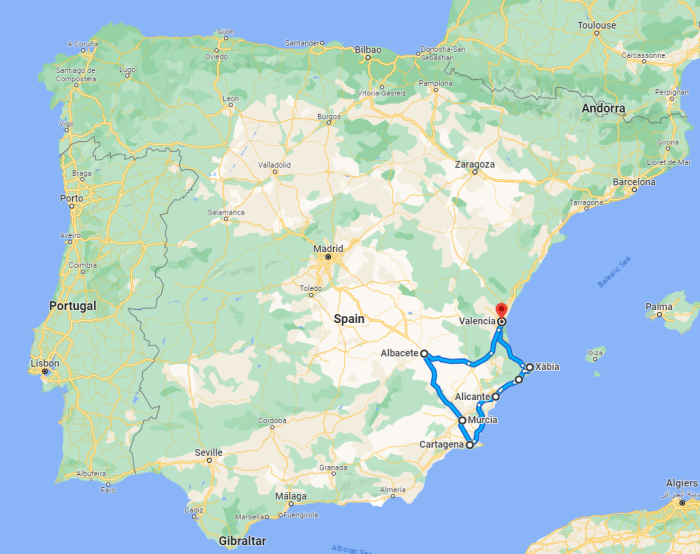 Mapa de la ruta en autocaravana - Inicio en Valencia