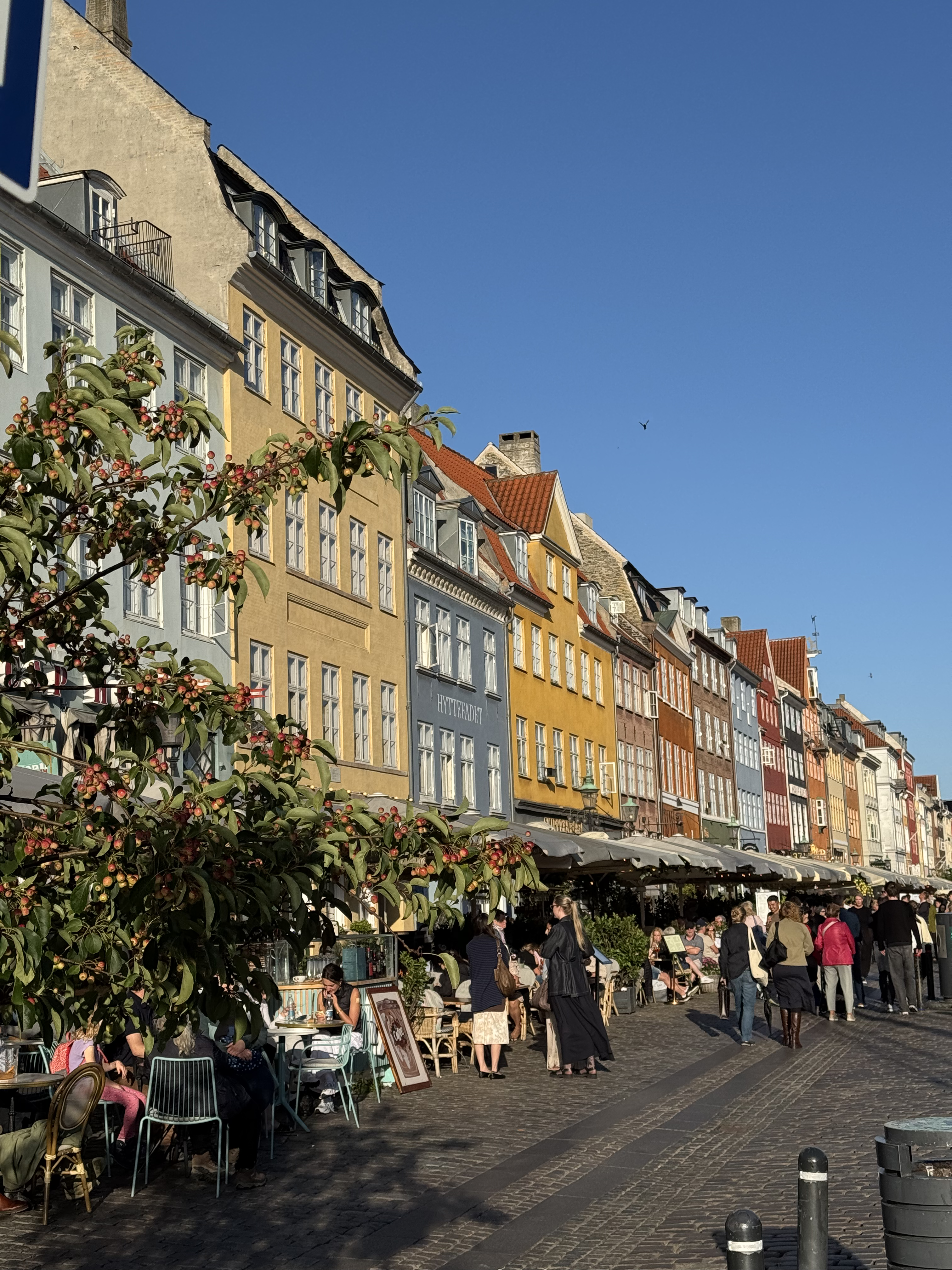 Bunte Häuser in einer Straße mit Cafés in Kopenhagen