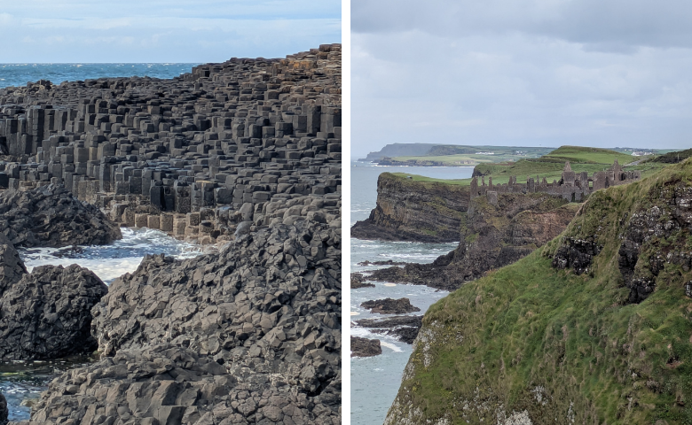 Dunluce Castle und Basaltsäulen am Giant's Causeway in Nordirland